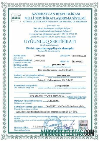 Azerbaijan sertifikat of Incorporation sampel