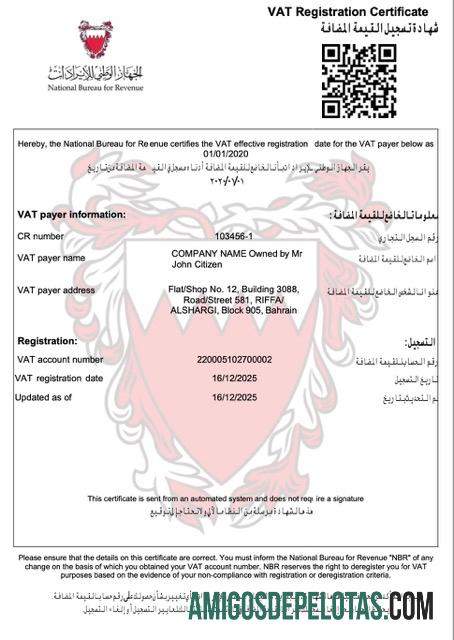 Realistis Bahrain VAT pendaftaran sertifikat Word and PDF templat