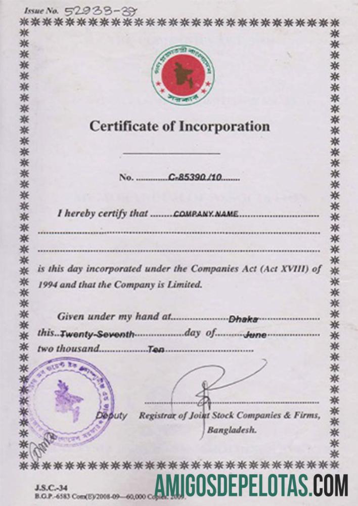 Bangladesh sertifikat of Incorporation sampel