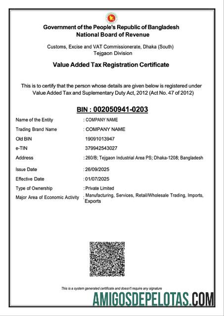 Berkualitas Bangladesh VAT pendaftaran sertifikat Word and PDF templat, versi 2