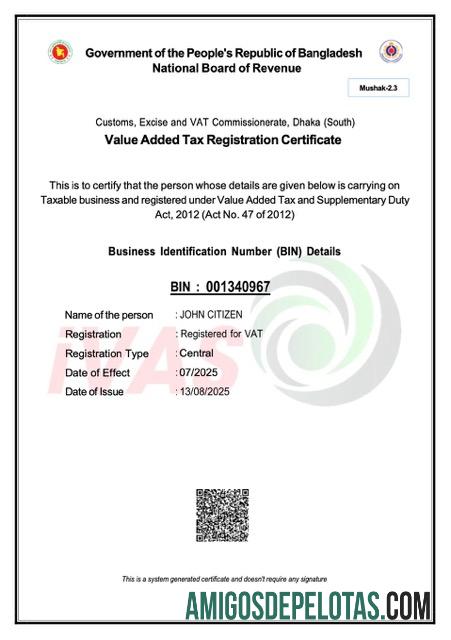 Premium Bangladesh VAT pendaftaran sertifikat Word and PDF templat