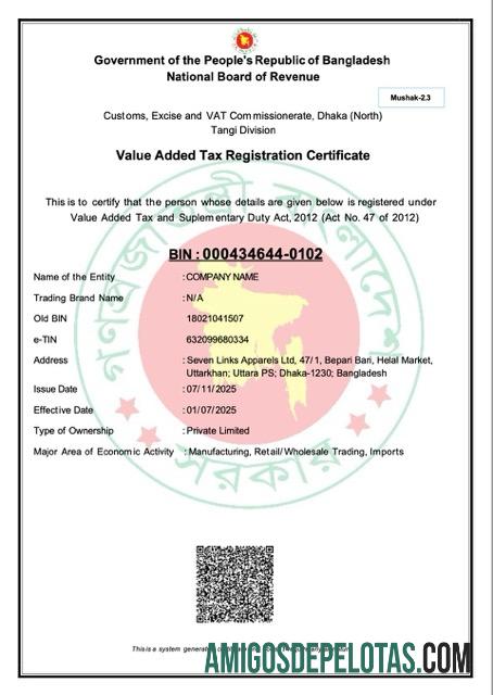 Dapat Diedit Bangladesh Value Added pajak pendaftaran sertifikat Word and PDF templat