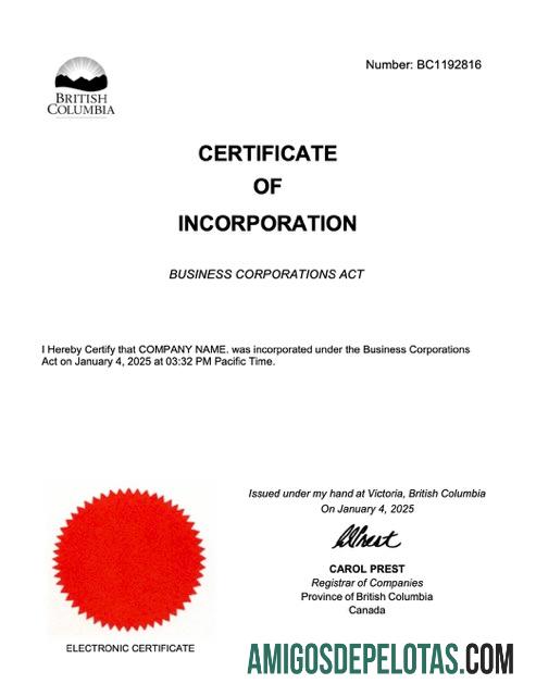 Dapat Diedit British Columbia sertifikat of incorporation Word and PDF templat, versi 2