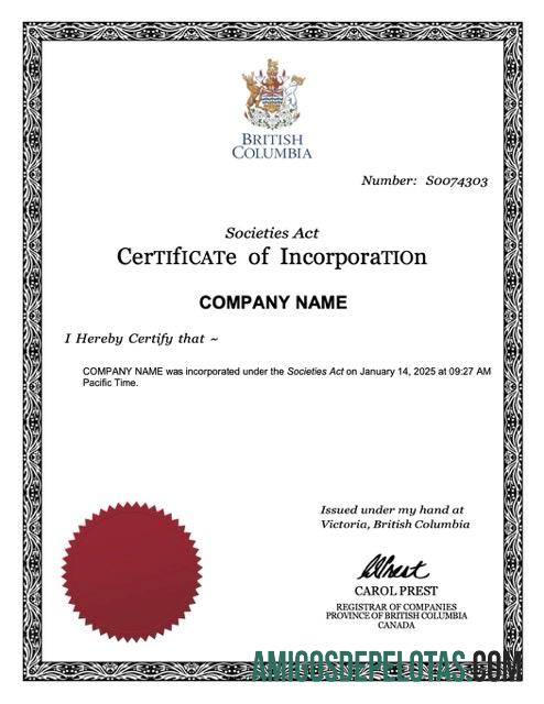 Realistis British Columbia sertifikat of incorporation Word and PDF templat
