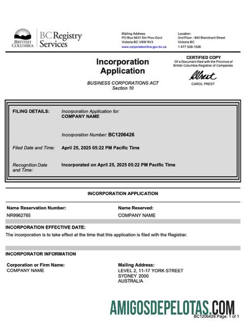 Profesional British Columbia incorporation aplikasi Word and PDF templat