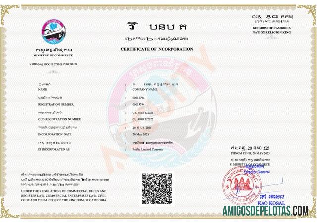 Berkualitas Kamboja sertifikat of incorporation Word and PDF templat