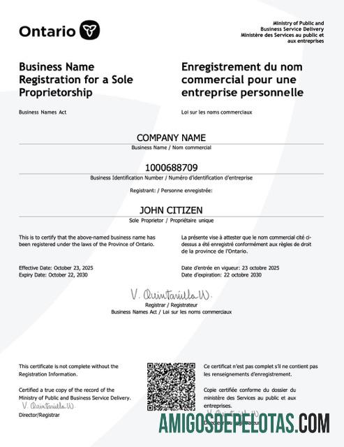 Premium Kanada Ontario sertifikat of bisnis name pendaftaran Word and PDF templat