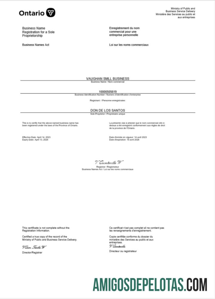 Profesional Kanada Ontario sertifikat of bisnis pendaftaran Word and PDF templat