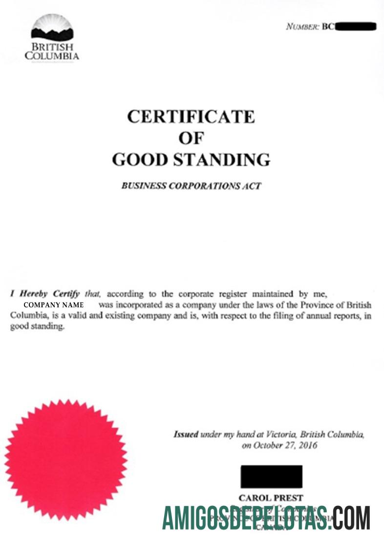 Columbia sertifikat of Good Standing desain