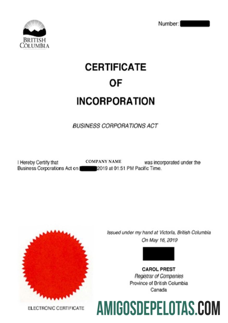 Columbia sertifikat of Incorporation makering