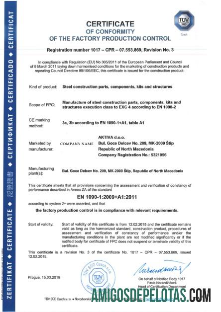 Republik Ceko sertifikat of Conformity of The Factory Production Control pratinjau