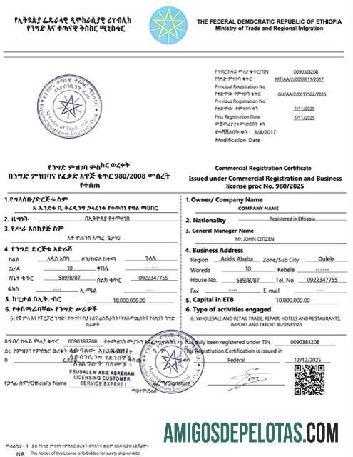 Realistis Etiopia┬ákomersial pendaftaran sertifikat Word and PDF templat