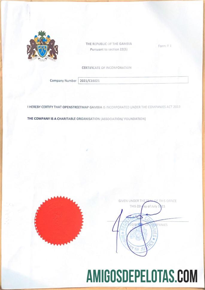 Gambia sertifikat of Incorporation templat