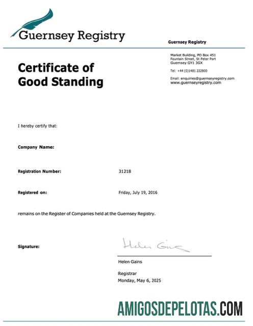 Profesional Guernsey┬ásertifikat of good standing Word and PDF templat