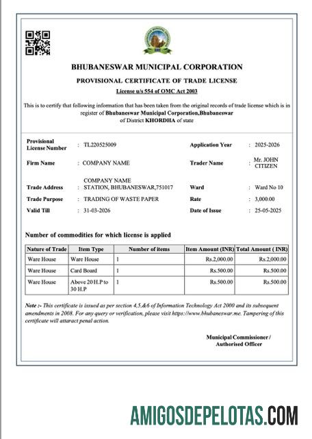 Realistis India Bhubaneswar provisional sertifikat of trade lisensi Word and PDF templat