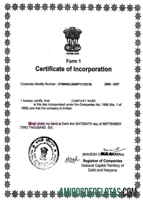 India sertifikat of Incorporation templat