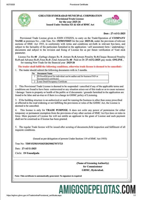 Profesional India Hyderabad┬áprovisional trade lisensi Word and PDF templat
