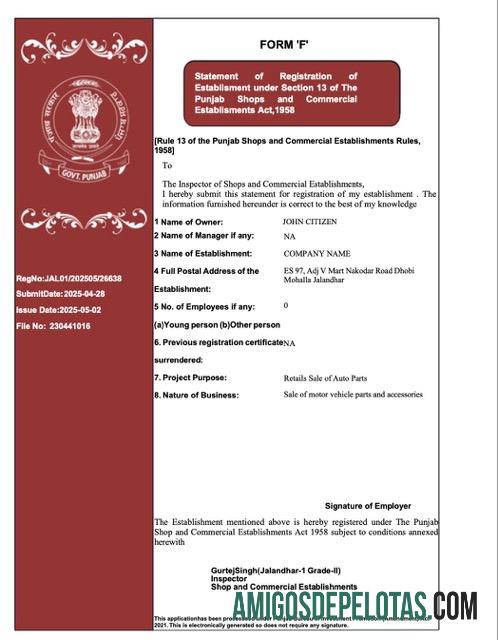 Premium India Punjab pendaftaran sertifikat Word and PDF templat, versi 2