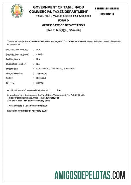 Berkualitas India Tamil Nadu VAT pendaftaran sertifikat Word and PDF templat