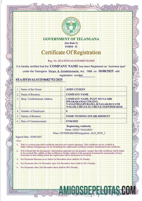 Berkualitas India Telangana sertifikat of pendaftaran Word and PDF templat