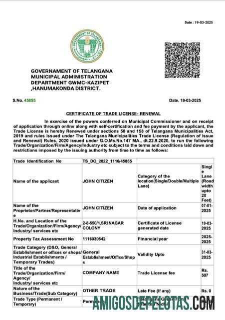 Dapat Diedit India Telangana sertifikat of trade lisensi Word and PDF templat
