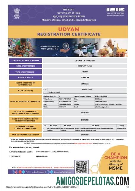 Profesional India Udyam pendaftaran sertifikat Word and PDF templat, versi 2