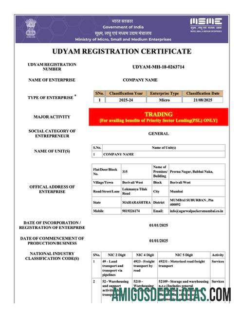 Profesional India Udyam pendaftaran sertifikat Word and PDF templat, versi 3
