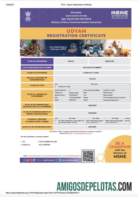 Profesional India Udyam pendaftaran sertifikat Word and PDF templat, versi 5