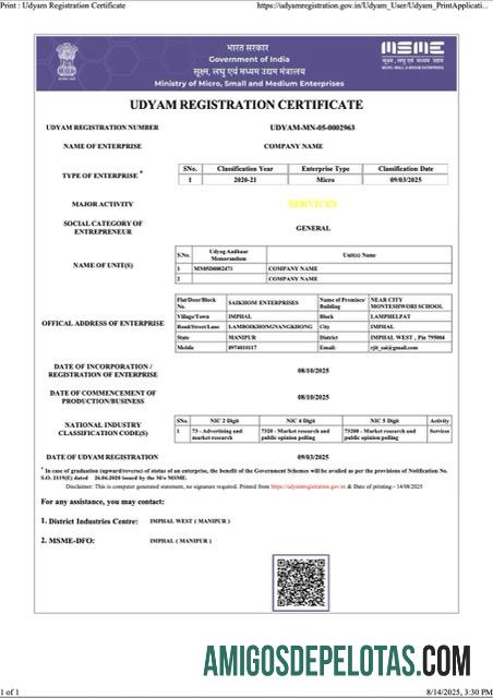 Realistis India Udyam pendaftaran sertifikat Word and PDF templat, versi 7