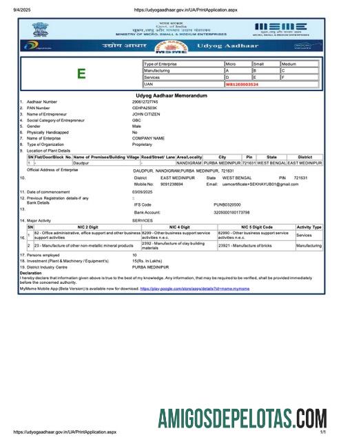 Profesional India Udyog Aadhaar pendaftaran sertifikat Word and PDF templat, versi 2