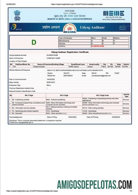 Realistis India Udyog Aadhaar pendaftaran sertifikat Word and PDF templat