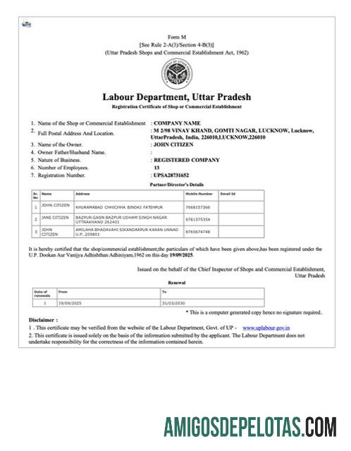 Premium India Uttar Pradesh pendaftaran sertifikat of shop or komersial establishment Word and PDF templat