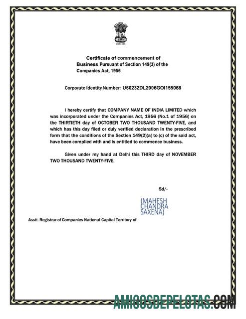 Premium India sertifikat of commencement Word and PDF templat