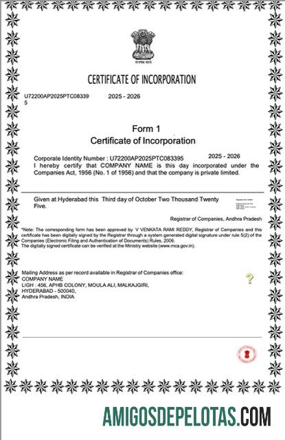 Profesional India sertifikat of incorporation Word and PDF templat, versi 2