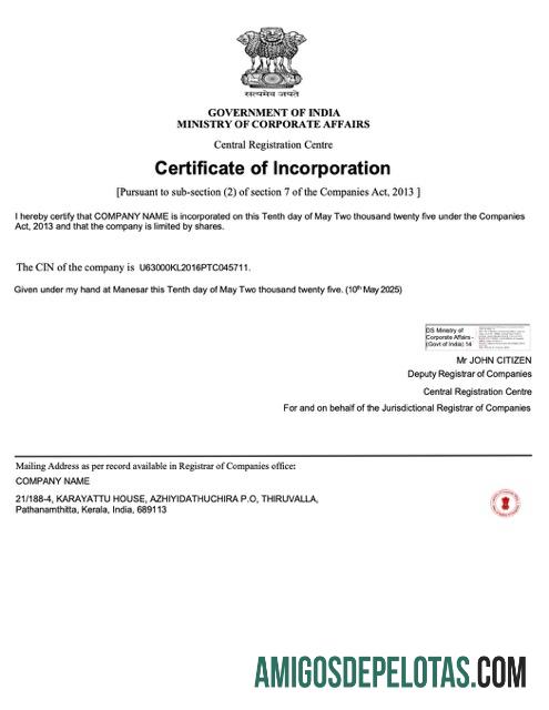 Profesional India sertifikat of incorporation Word and PDF templat, versi 3