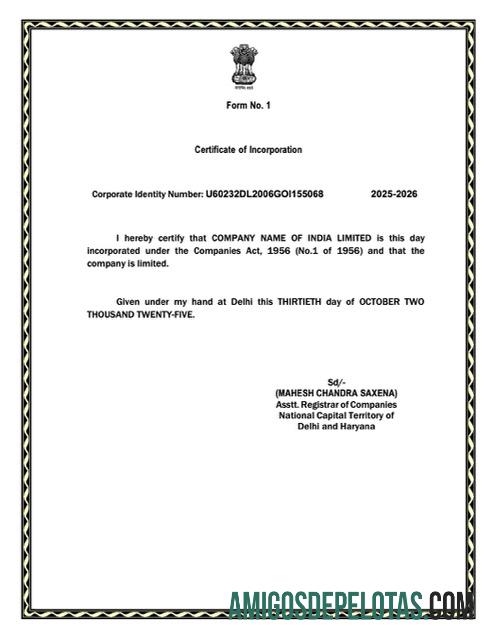 Premium India sertifikat of incorporation Word and PDF templat, versi 5