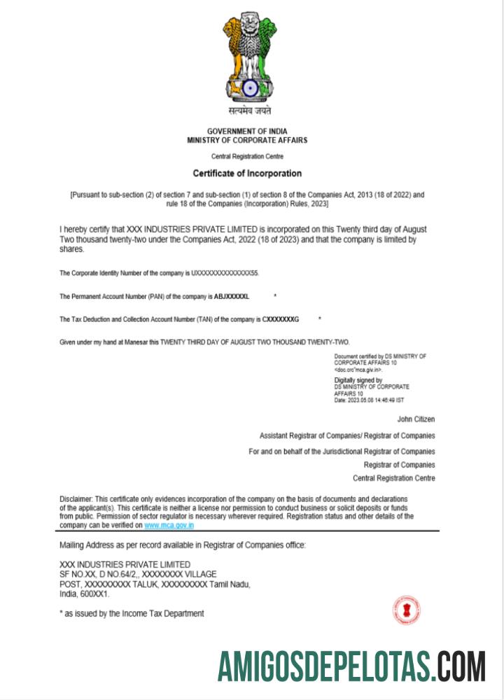 Profesional India sertifikat of incorporation pendaftaran Word and PDF templat, versi 2