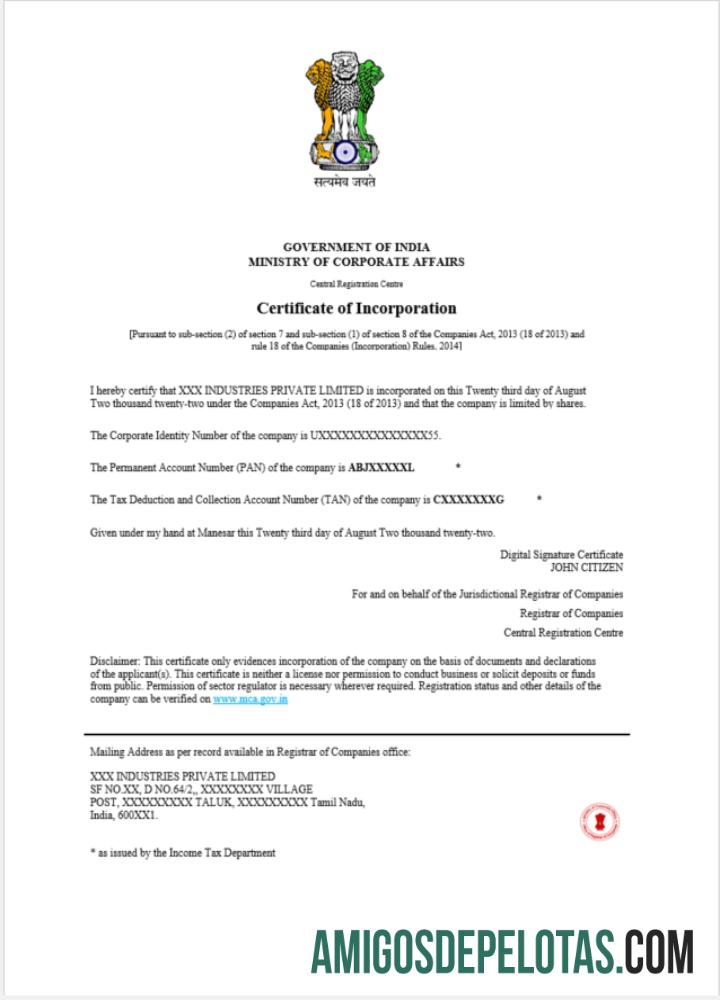 India sertifikat of incorporation pendaftaran makering