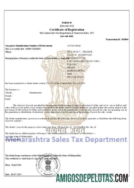 Dapat Diedit India┬áMaharashtra sertifikat of taxpayer pendaftaran Word and PDF templat