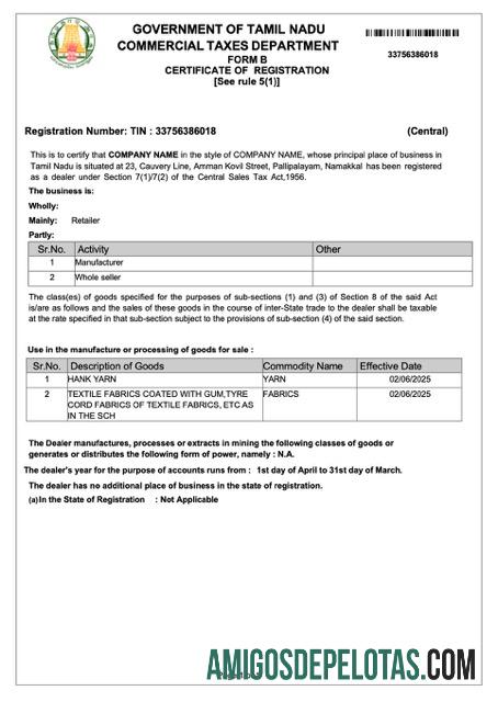 Berkualitas India┬áTamil Nadu┬ásertifikat of pendaftaran Word and PDF templat