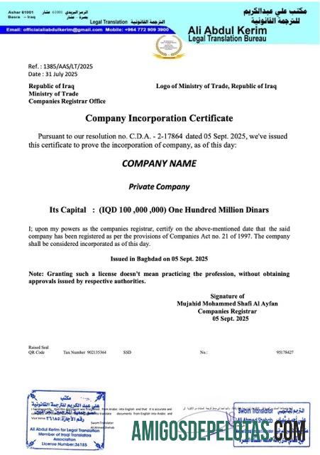 Premium Irak Perusahaan incorporation sertifikat Word and PDF templat