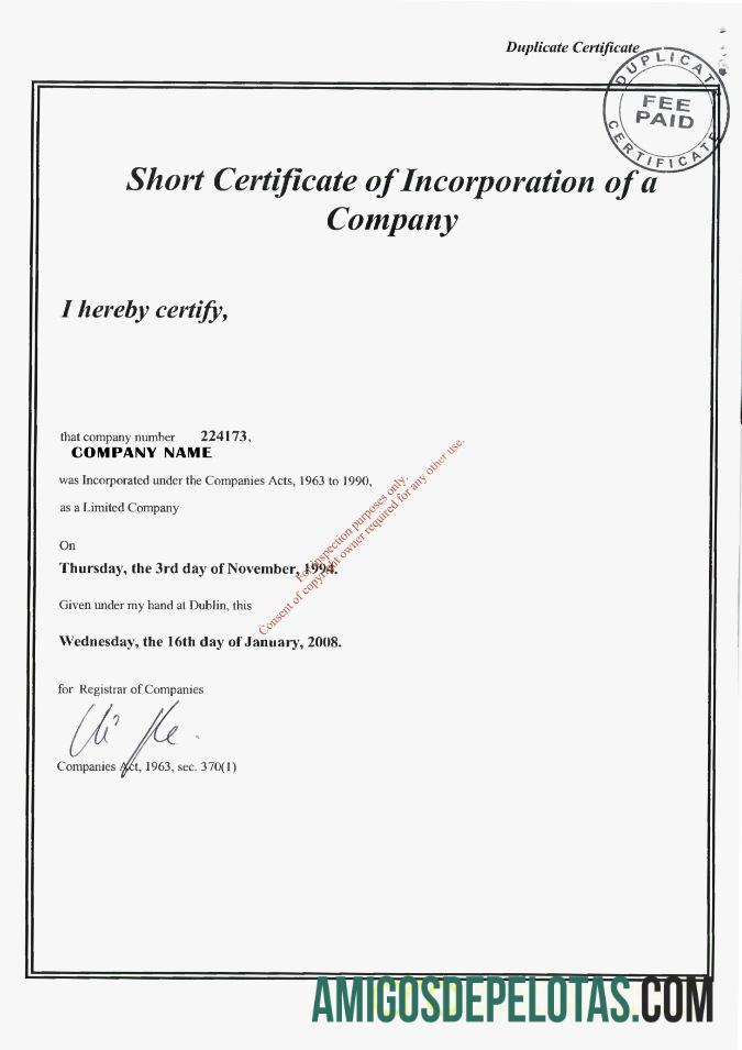 Irlandia sertifikat of Incorporation desain