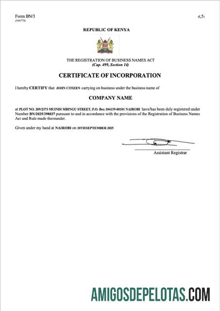 Realistis Kenya sertifikat of incorporation Word and PDF templat, versi 2