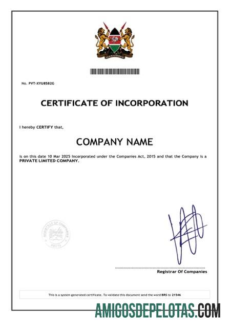 Profesional Kenya sertifikat of incorporation Word and PDF templat