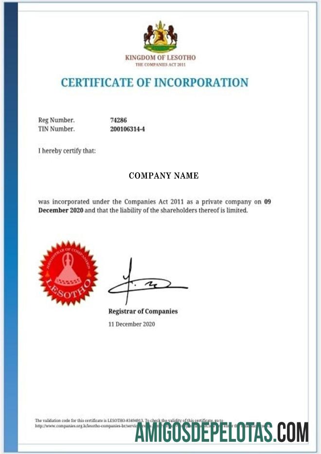 Lesotho sertifikat of Incorporation makering