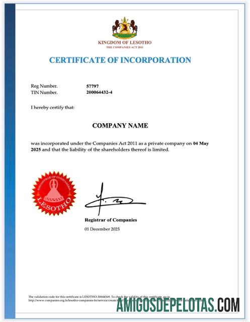 Realistis Lesotho sertifikat of incorporation Word and PDF templat