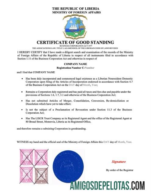 Realistis Liberia sertifikat of good standing Word and PDF templat
