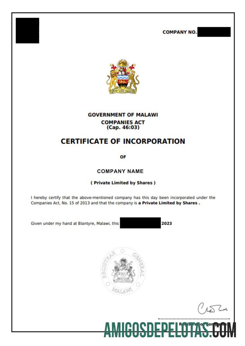 Malawi sertifikat of Incorporation pratinjau