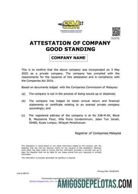 Premium Malaysia attestation of Perusahaan good standing Word and PDF templat