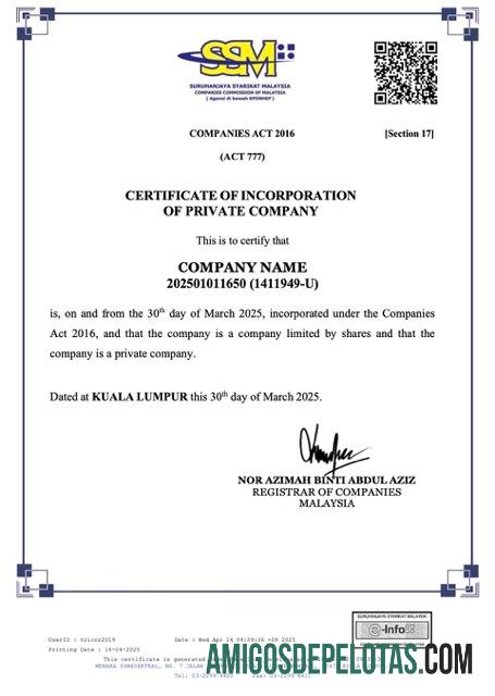 Premium Malaysia sertifikat of incorporation of private Perusahaan Word and PDF templat